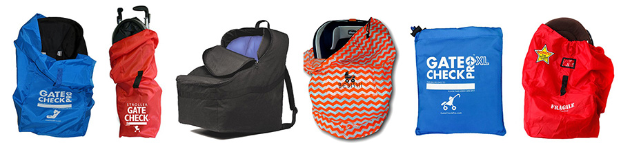assorted travel bags for car seats and strollers